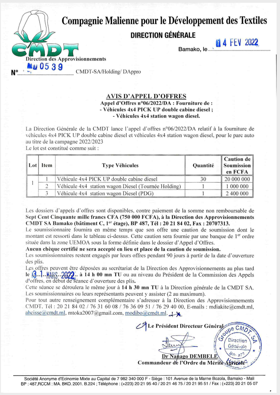 CMDT: Avis d'appel d'offre numéro 06/2022/DA