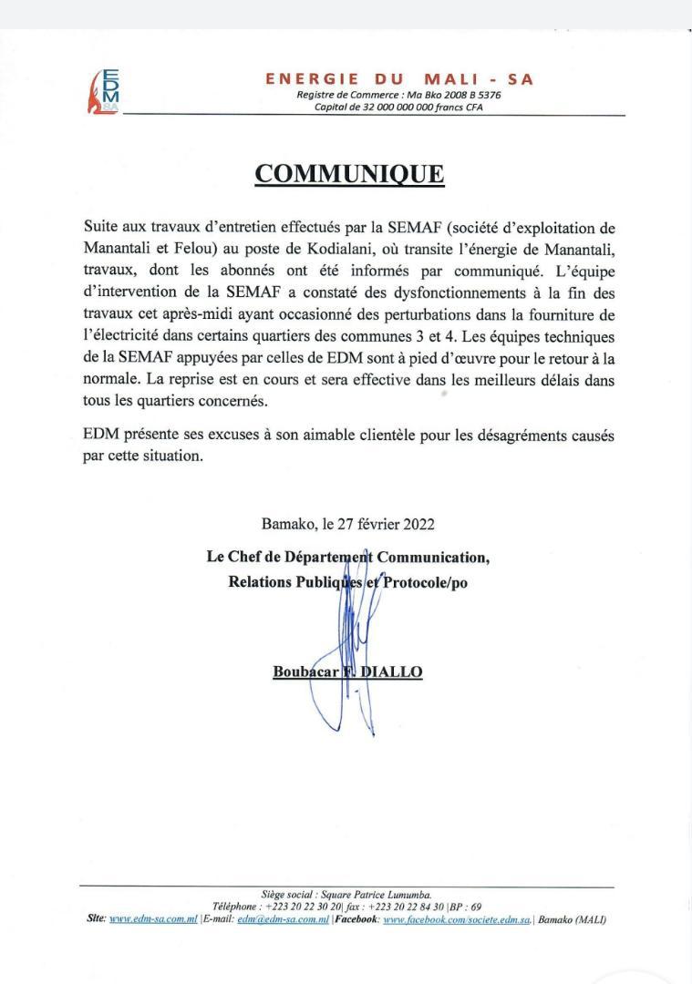 Communiqué EDM SA