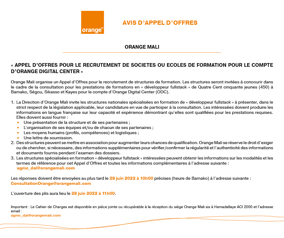 Avis d'appel d'offres: "Appel d'offres pour le recrutement de sociétés ou écoles de formations pour le compte d'Orange DigitaL CENTRE