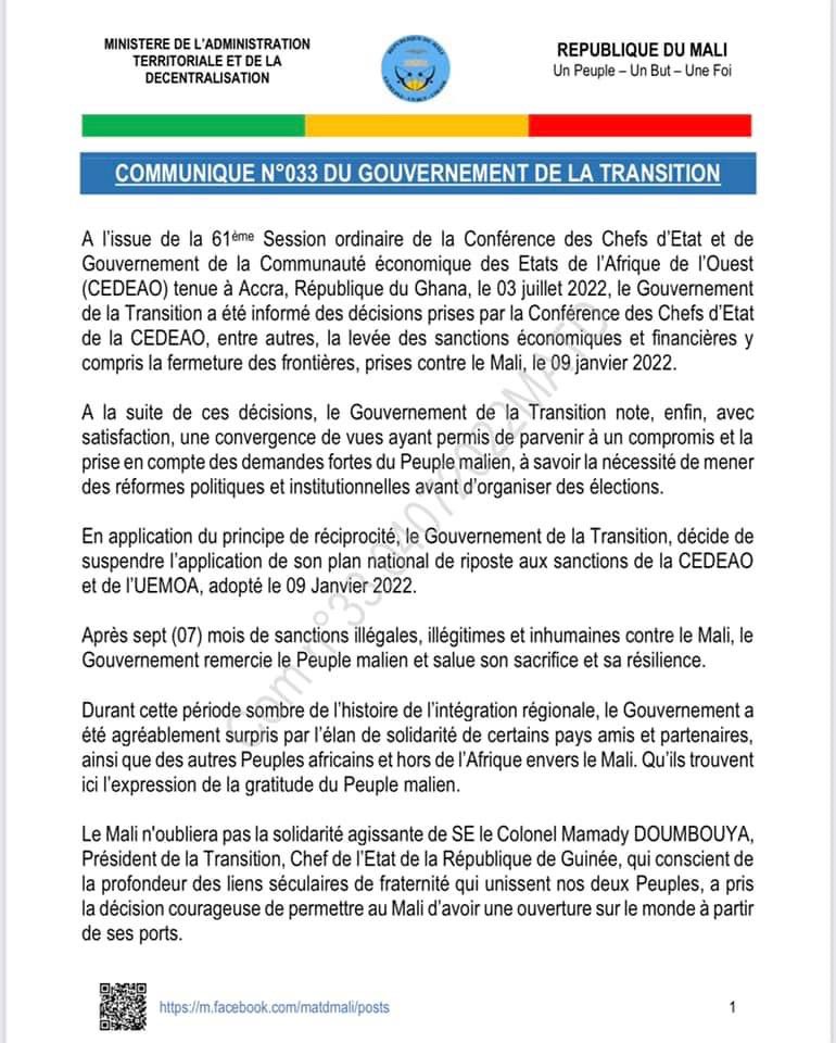 Communiqué du gouvernement de la transition suite à la levée des sanctions de la CEDEAO sur Mali