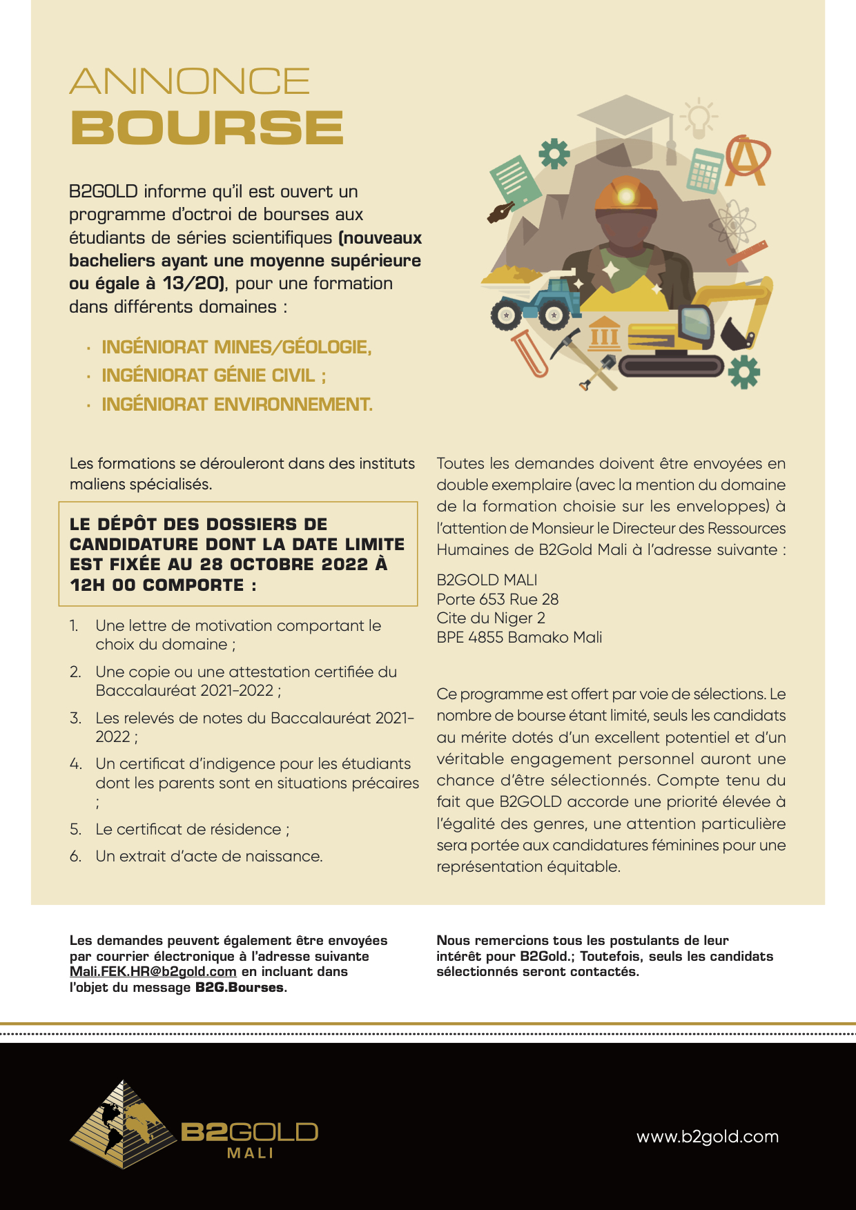 B2GOLD : Annonce Bourse ∙ Ingéniorat mines/géologie, ∙ Ingéniorat génie civil ; ∙ Ingéniorat environnement