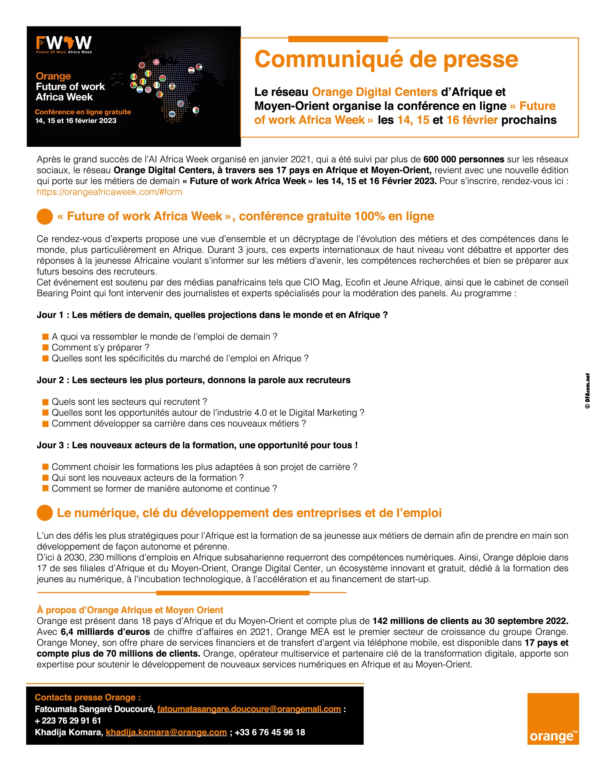 Communiqué de presse: Le réseau Orange Digital Centers d'Afrique et Moyen-Orient organise la conférence en ligne « Future of work Africa Week » les 14, 15 et 16 février prochains