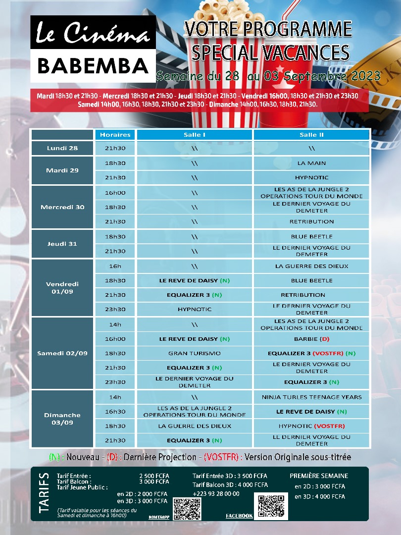 Ciné Babemba: Votre Programme SPECIAL VACANCES (semaine du 28 août au 03 septembre 2023)